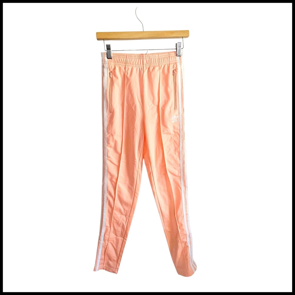 Adidas Track Pants Peach White Stripe Zip Pockets Athletic Kids Size 150